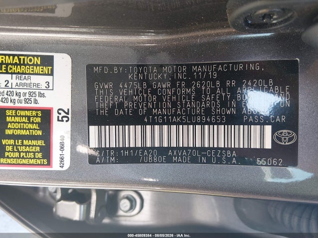 Toyota CAMRY SE 2020 4T1G11AK5LU894653 Image 9