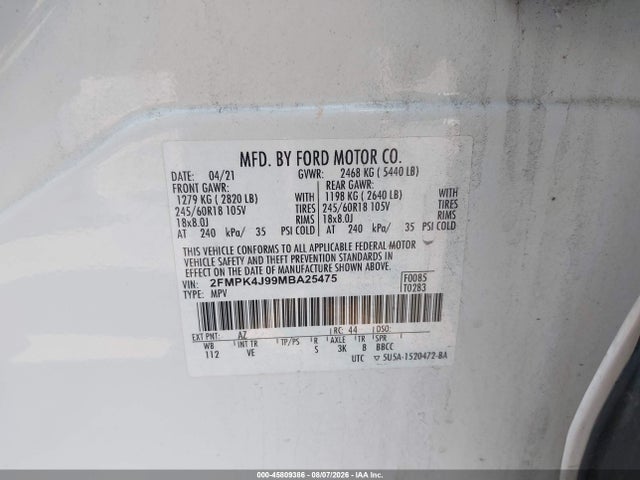 45809386 :رقم المزاد ، 2FMPK4J99MBA25475 vin ، 2021 Ford Edge Sel مزاد بيع