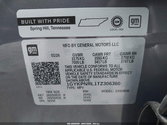 45809399 :رقم المزاد ، 1GYKPNRL1TZ306360 vin ، 2026 Cadillac Lyriq Luxury Awd مزاد بيع