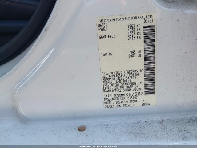 2021 Nissan Altima Sr Fwd მანქანა იყიდება აუქციონზე, vin: 1N4BL4CVXMN367582, აუქციონის ნომერი: 45809418