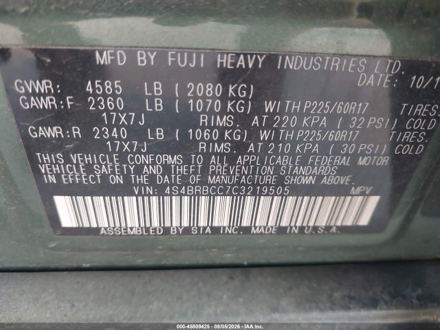 Aukcja sprzedaży 2012 Subaru Outback 2.5i Premium, vin: 4S4BRBCC7C3219505, numer aukcji: 45809425