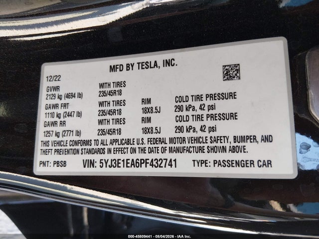 Aukcja sprzedaży 2023 Tesla Model 3 Rear-wheel Drive, vin: 5YJ3E1EA6PF432741, numer aukcji: 45809441