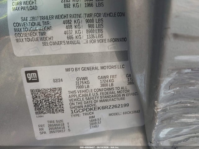 45809457 :رقم المزاد ، 1GCPDKEK6RZ262199 vin ، 2024 Chevrolet Silverado 1500 4wd  Short Bed Lt With 2fl مزاد بيع