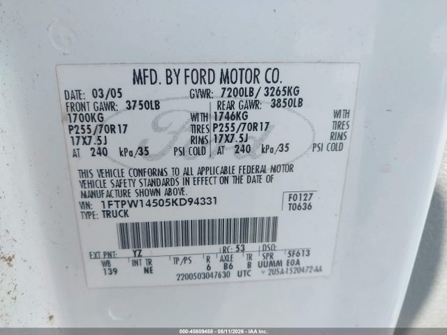 Продаж на аукціоні авто 2005 Ford F-150 Fx4/lariat/xlt, vin: 1FTPW14505KD94331, номер лоту: 45809458