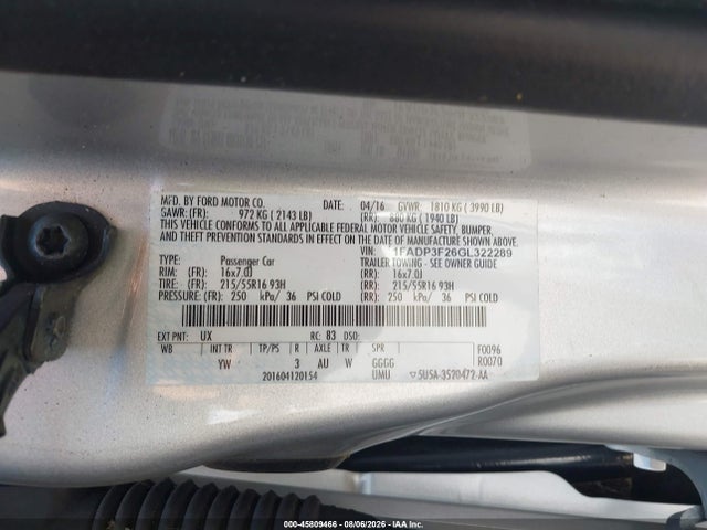 Aukcja sprzedaży 2016 Ford Focus Se, vin: 1FADP3F26GL322289, numer aukcji: 45809466
