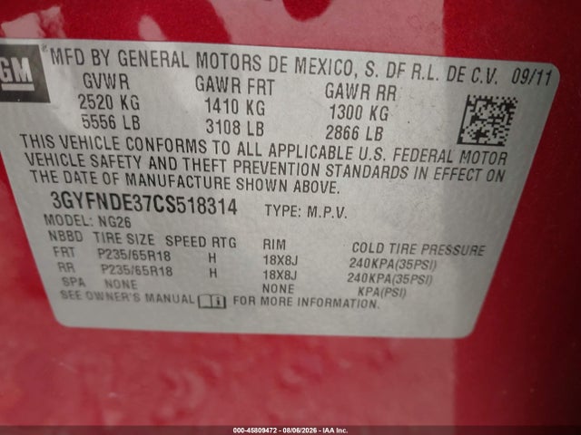 45809472 :رقم المزاد ، 3GYFNDE37CS518314 vin ، 2012 Cadillac Srx Luxury Collection مزاد بيع