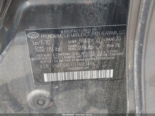 Продажа на аукционе авто 2020 Hyundai Elantra Se, vin: 5NPD74LF7LH603488, номер лота: 45809500