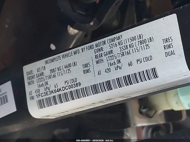 Продажа на аукционе авто 2019 Ford E-350 Stripped, vin: 1FC3E3K64KDC00389, номер лота: 45809501