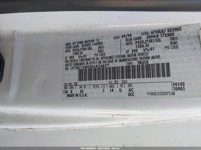 Продажа на аукционе авто 1999 Ford E-150 Commercial/recreational, vin: 1FTRE14W0XHA24677, номер лота: 45809503