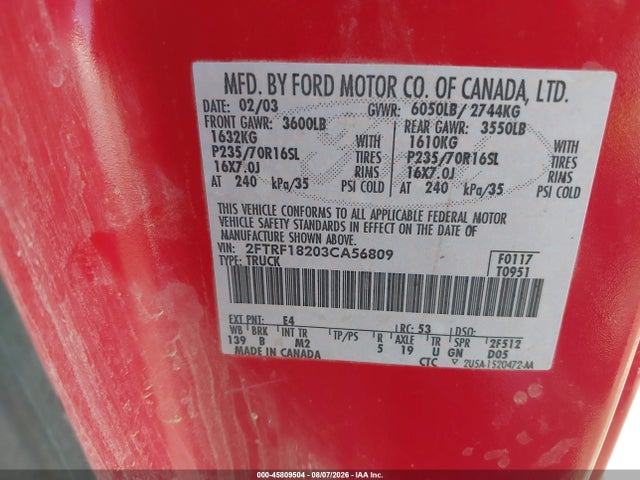 Aukcja sprzedaży 2003 Ford F-150 Xl/xlt, vin: 2FTRF18203CA56809, numer aukcji: 45809504