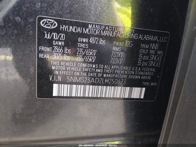 2020 Hyundai Santa Fe Se მანქანა იყიდება აუქციონზე, vin: 5NMS23AD2LH250673, აუქციონის ნომერი: 45809540