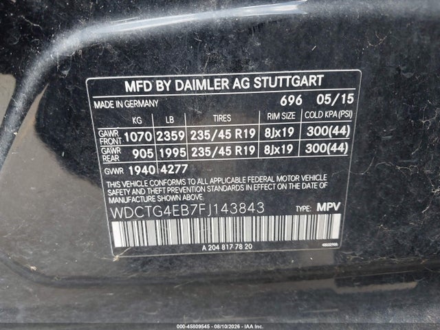 45809545 :رقم المزاد ، WDCTG4EB7FJ143843 vin ، 2015 Mercedes-benz Gla 250 مزاد بيع