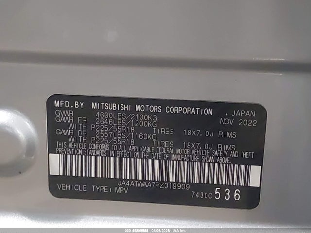 45809558 :رقم المزاد ، JA4ATWAA7PZ019909 vin ، 2023 Mitsubishi Eclipse Cross Se S-awc/sel S-awc مزاد بيع