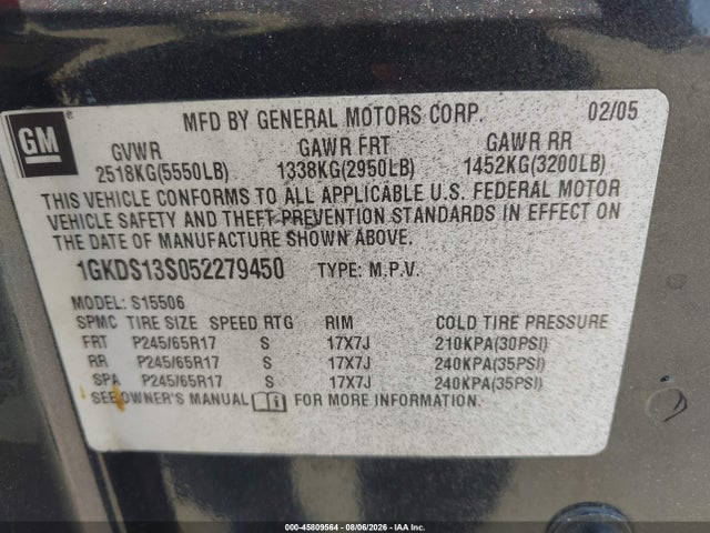 Aukcja sprzedaży 2005 Gmc Envoy Slt, vin: 1GKDS13S052279450, numer aukcji: 45809564