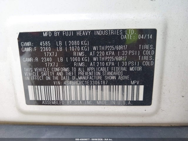 Aukcja sprzedaży 2014 Subaru Outback 2.5i Limited, vin: 4S4BRCPC1E3306187, numer aukcji: 45809577