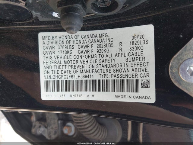 45809583 :رقم المزاد ، 2HGFC2F67LH589414 vin ، 2020 Honda Civic Lx مزاد بيع