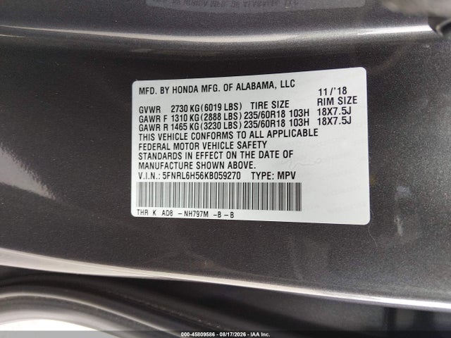 Продажа на аукционе авто 2019 Honda Odyssey Ex, vin: 5FNRL6H56KB059270, номер лота: 45809586