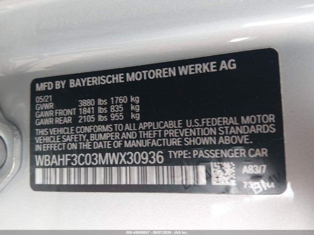 45809587 :رقم المزاد ، WBAHF3C03MWX30936 vin ، 2021 Bmw Z4 Sdrive30i مزاد بيع