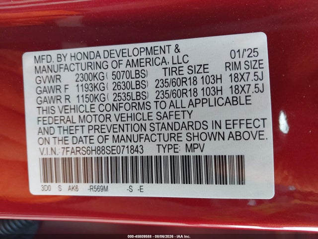 Aukcja sprzedaży 2025 Honda Cr-v Hybrid Sport-l, vin: 7FARS6H88SE071843, numer aukcji: 45809588