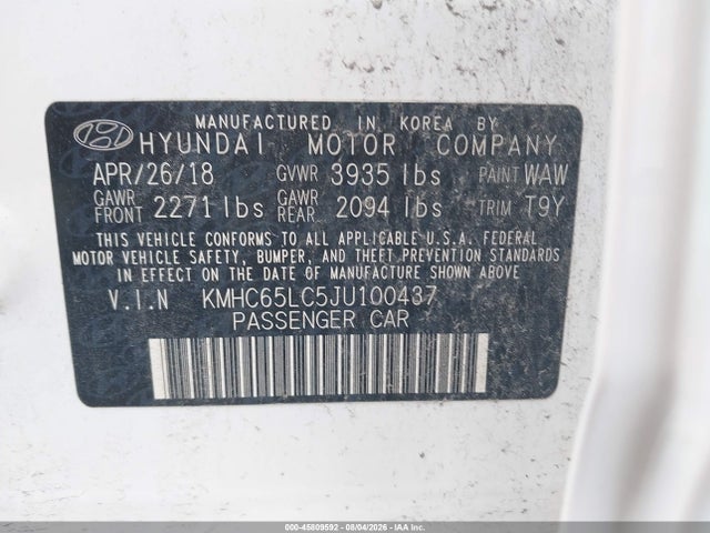 Продаж на аукціоні авто 2018 Hyundai Ioniq Hybrid Blue, vin: KMHC65LC5JU100437, номер лоту: 45809592
