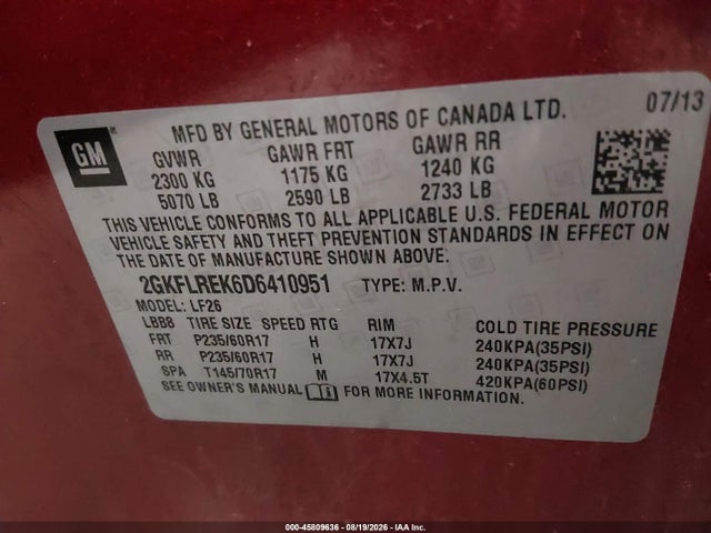 Продаж на аукціоні авто 2013 Gmc Terrain Sle-1, vin: 2GKFLREK6D6410951, номер лоту: 45809636