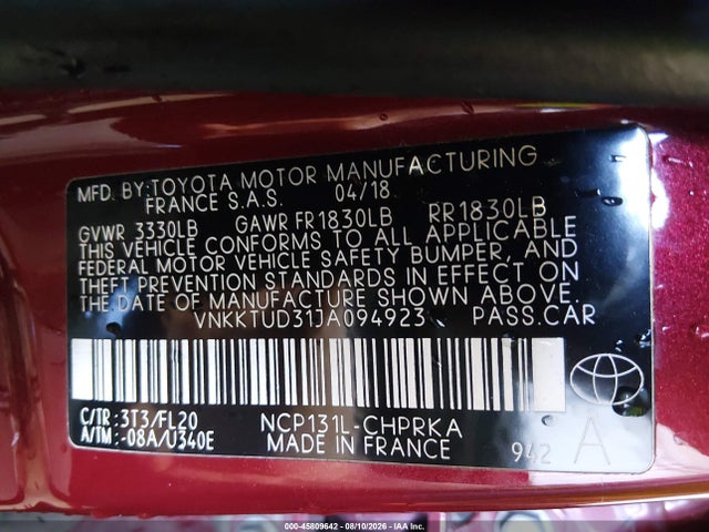Auction sale of the 2018 Toyota Yaris Se, vin: VNKKTUD31JA094923, lot number: 45809642