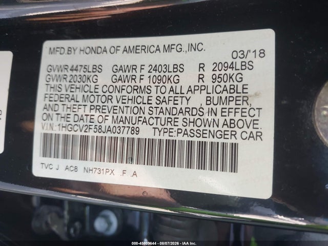 1HGCV2F58JA037789 Honda Accord Ex-l 2.0t