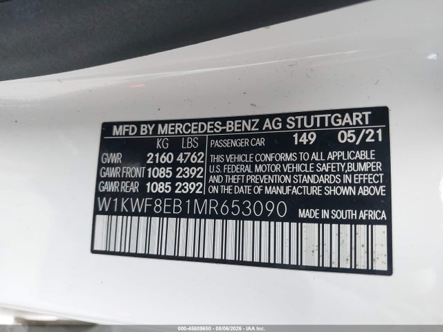 45809650 :رقم المزاد ، W1KWF8EB1MR653090 vin ، 2021 Mercedes-benz C 300 4matic مزاد بيع