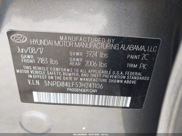 45809659 :رقم المزاد ، 5NPD84LF5JH241106 vin ، 2018 Hyundai Elantra Sel مزاد بيع
