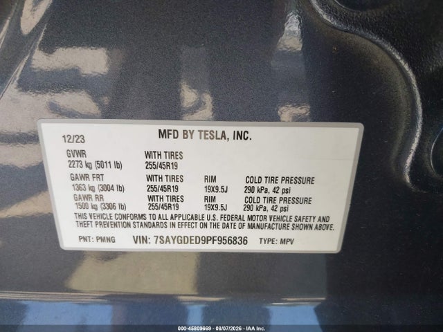 45809669 :رقم المزاد ، 7SAYGDED9PF956836 vin ، 2023 Tesla Model Y Rwd مزاد بيع