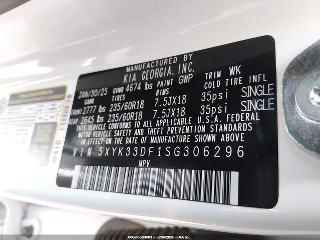 Aukcja sprzedaży 2025 Kia Sportage Ex, vin: 5XYK33DF1SG306296, numer aukcji: 45809681