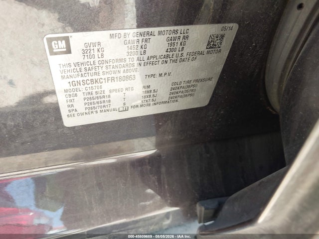 Продаж на аукціоні авто 2015 Chevrolet Tahoe Lt, vin: 1GNSCBKC1FR180863, номер лоту: 45809689