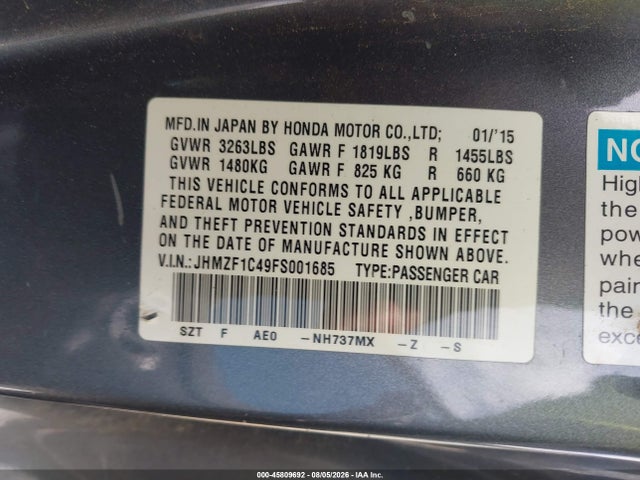 2015 Honda Cr-z მანქანა იყიდება აუქციონზე, vin: JHMZF1C49FS001685, აუქციონის ნომერი: 45809692