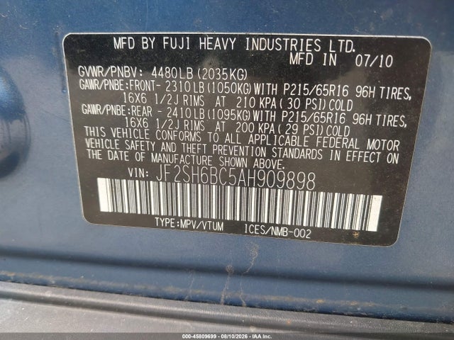 Продажа на аукционе авто 2010 Subaru Forester 2.5x, vin: JF2SH6BC5AH909898, номер лота: 45809699