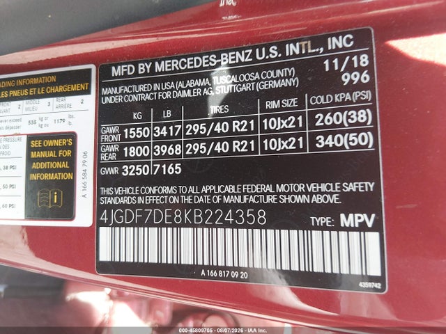 Aukcja sprzedaży 2019 Mercedes-benz Gls 550 4matic, vin: 4JGDF7DE8KB224358, numer aukcji: 45809705