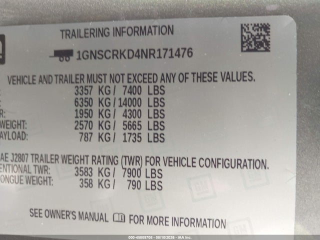 1GNSCRKD4NR171476 Chevrolet Tahoe 2wd Rst