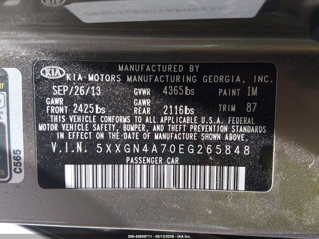 Продажа на аукционе авто 2014 Kia Optima Ex, vin: 5XXGN4A70EG265848, номер лота: 45809711