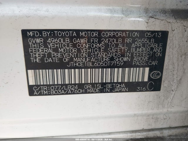 45809716 :رقم المزاد ، JTHCE1BL6D5017159 vin ، 2013 Lexus Gs 350 مزاد بيع