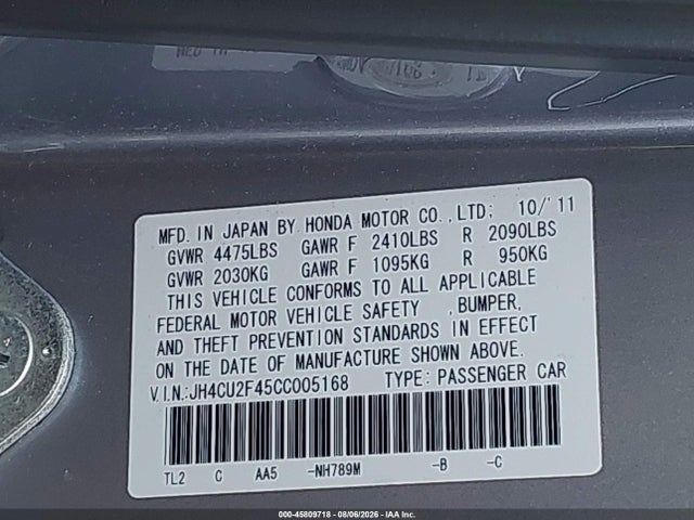 Aukcja sprzedaży 2012 Acura Tsx 2.4, vin: JH4CU2F45CC005168, numer aukcji: 45809718