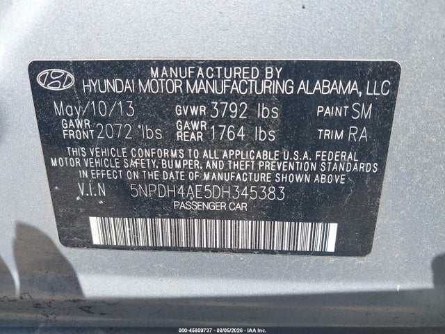 Продаж на аукціоні авто 2013 Hyundai Elantra Gls, vin: 5NPDH4AE5DH345383, номер лоту: 45809737