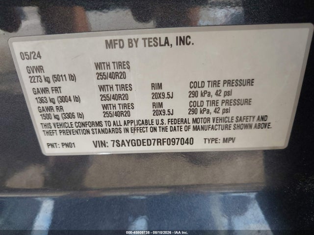 Продаж на аукціоні авто 2024 Tesla Model Y Long Range Single Motor Rear-wheel Drive/rwd, vin: 7SAYGDED7RF097040, номер лоту: 45809738