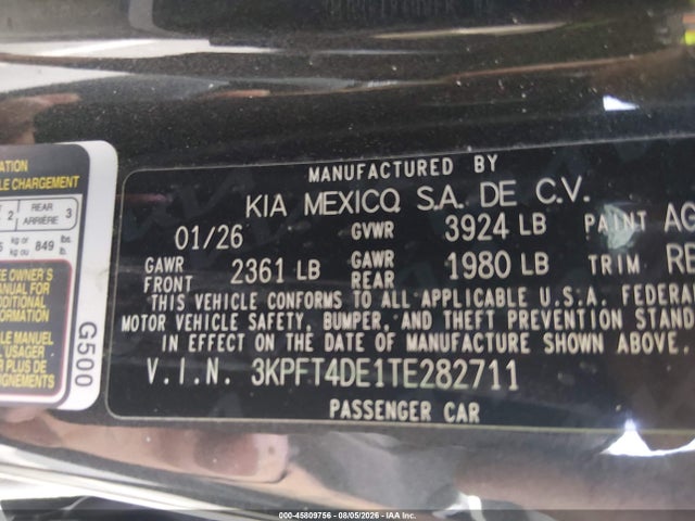 Продаж на аукціоні авто 2026 Kia K4 Lxs, vin: 3KPFT4DE1TE282711, номер лоту: 45809756