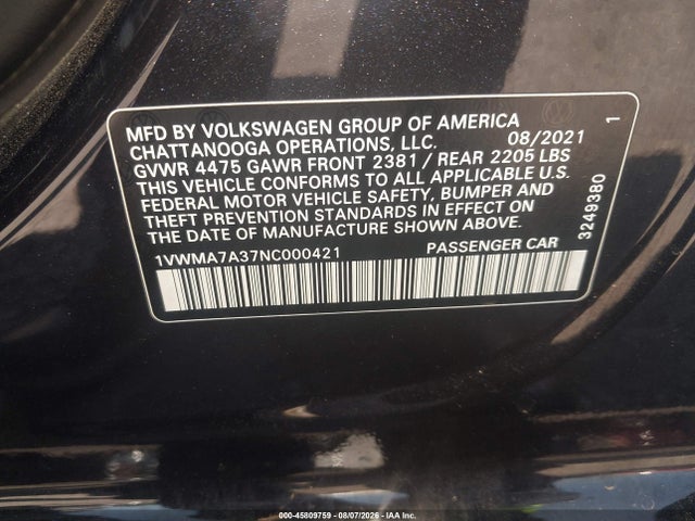 2022 Volkswagen Passat 2.0t R-line მანქანა იყიდება აუქციონზე, vin: 1VWMA7A37NC000421, აუქციონის ნომერი: 45809759