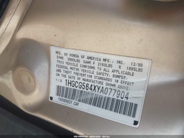 45809760 :رقم المزاد ، 1HGCG564XYA077904 vin ، 2000 Honda Accord 2.3 Lx مزاد بيع