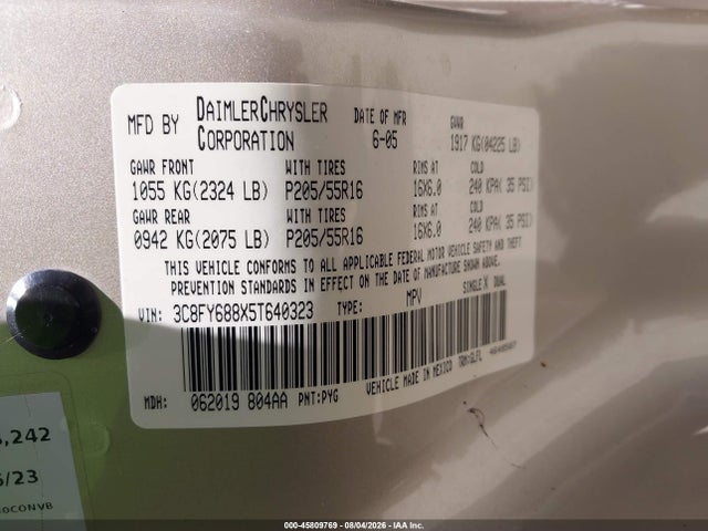 45809769 :رقم المزاد ، 3C8FY688X5T640323 vin ، 2005 Chrysler Pt Cruiser Limited مزاد بيع