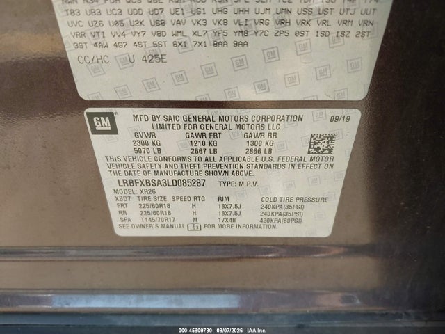 Auction sale of the 2020 Buick Envision Fwd Preferred, vin: LRBFXBSA3LD085287, lot number: 45809780