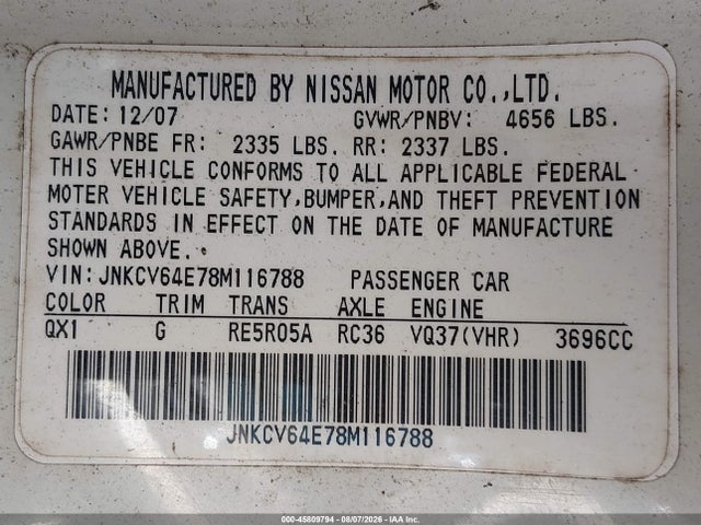 Продажа на аукционе авто 2008 Infiniti G37 Journey, vin: JNKCV64E78M116788, номер лота: 45809794