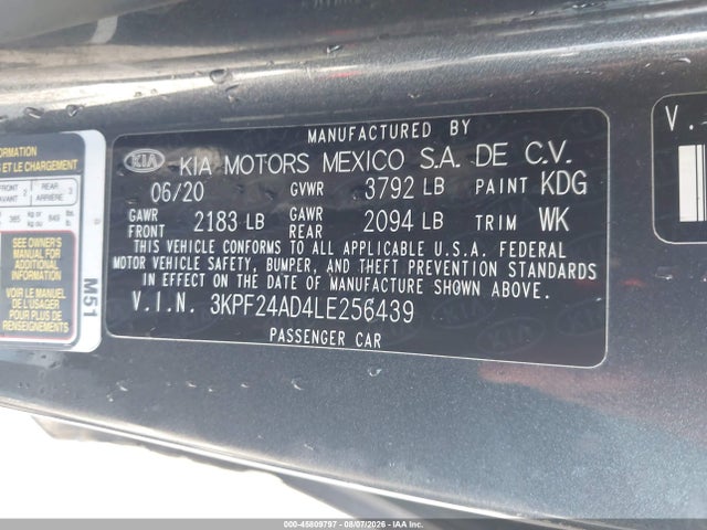 Aukcja sprzedaży 2020 Kia Forte Lxs, vin: 3KPF24AD4LE256439, numer aukcji: 45809797