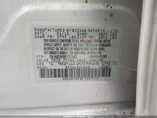 2015 Nissan Sentra Sv მანქანა იყიდება აუქციონზე, vin: 3N1AB7AP8FY227442, აუქციონის ნომერი: 45809810