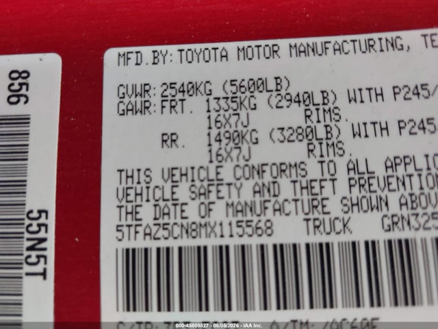 Aukcja sprzedaży 2021 Toyota Tacoma Sr5 V6, vin: 5TFAZ5CN8MX115568, numer aukcji: 45809827
